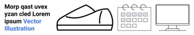 Ayakkabı illüstrasyonu, işaretli takvim, bilgisayar monitörü ve yer tutucu metni. Proje planlama, programlama, ayakkabı tasarımı, teknoloji, iş akışı ve üretkenlik temaları için ideal. İniş