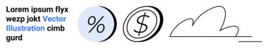 Finansal semboller, minimalist bir bulut çizimiyle birlikte kalın çizgilerle yüzde ve dolar işaretini parmakla gösteriyor. Finans siteleri, fintech uygulamaları, yatırım, bankacılık ve ekonomik raporlar için ideal