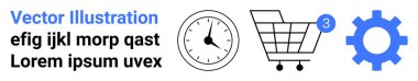 Saat simgesi, üç tebligatlı alışveriş arabası, vites sembolü ve siyah-mavi yer tutucu metni. E-ticaret, zaman yönetimi, teknoloji, pazarlama, ticaret, üretkenlik ve tasarım için ideal