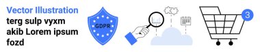 GDPR metni, büyüteç inceleme belgesi, bulut deposu ve alışveriş arabası olan bir kalkan. Çevrimiçi gizlilik, veri güvenliği, GDPR uyumu, e-ticaret, bulut hizmetleri, dijital pazarlama için ideal