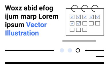Kontrol işaretli takvim, siyah-mavi metin. Satırlar, daireler, minimalist stil kutuları, tipografi ve simgeler içerir. Program, anımsatıcı, görev yönetimi planlayıcıları ve etkinlikler için ideal