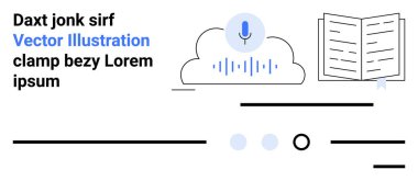 Ses transkripsiyonu, açık kitap ve soyut satırlar için mikrofon simgesi olan bir bulut. Veri depolama, ses tanıma, dijital öğrenme, teknoloji platformları, çevrimiçi hizmetler, yaratıcı projeler için ideal