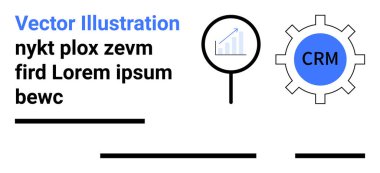 Bir bar çizelgesinin üzerinde büyüteç, CRM dişli sembolü ve yer tutucu metni. İş analitiği, pazarlama, CRM, veri görselleştirme, bilgi grafikleri, eğitim materyalleri, kurumsal