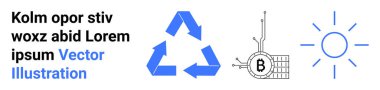 Geri dönüşüm okları, Bitcoin sembollü devre ve güneş ikonu. Çevre dostu içerik, kripto para birimi blogları, eğitim materyalleri, teknoloji siteleri, dijital pazarlama, sürdürülebilirlik raporları için ideal