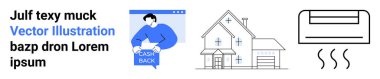 Nakit para dışında metinler grafik, modern bir ev taslağı çizimi ve finansal hizmetler, ev iyileştirme, HVAC çözümleri, çevrimiçi reklamlar, pazarlama için ideal klima ikonu sunar
