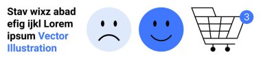 Üzgün yüz, mutlu yüz, üç öğe gösteren bir alışveriş arabası. E-ticaret, müşteri memnuniyeti, duygular, kullanıcı arayüzü, dijital pazarlama, bildirimler için ideal