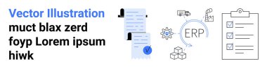 Belgeler, teçhizatlar, oklar, kamyonlar, küpler ve kontrol listesiyle ERP sistem şeması. Süreç otomasyonu, iş akışı yönetimi, girişim çözümleri lojistik proje planlama görev yönetimi için ideal