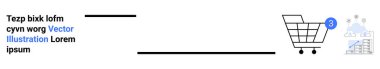 Üç öğe tebligatlı alışveriş arabası, dağınık geometrik arka plan elemanları, soyut şehir binaları, metin tutucuları. E-ticaret, çevrimiçi alışveriş, dijital pazarlama, web tasarımı için ideal