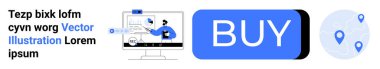 Grafikler, satın alma düğmesi ve harita işaretleyicileri gösteren bir kişi ile bilgisayar ekranı. E-ticaret, çevrimiçi alışveriş, dijital pazarlama, teknoloji, veri analizi, kullanıcı etkileşimi ve navigasyon için ideal