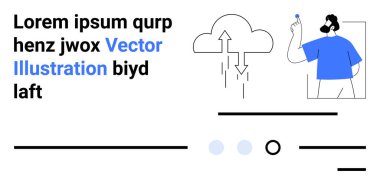 Oklu bulut, sakallı ve elinde kalem tutan mavi gömlekli adam, soyut çizgiler ve noktalar. Teknoloji, ağ oluşturma, veri görselleştirme, bulut hesaplama, eğitim, minimalizm, modern tasarım için ideal