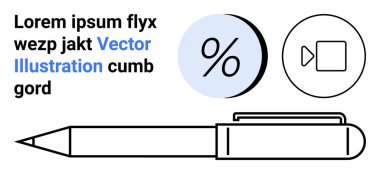 Modern kalem, mavi dairenin yüzde sembolü ve bir video kamera ikonu. Siyah ve mavi yer tutucu metni. Eğitim materyalleri, web siteleri, pazarlama sunumları, uygulama tasarımı için ideal