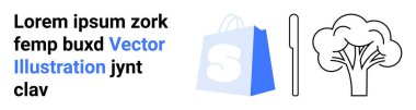 Beyaz logolu mavi alışveriş çantası, siyah ağaç ve tahta figürlü ve siyah-mavi yer tutucu metni. E-ticaret, perakende, bahçıvanlık, markalaşma ve reklam için ideal. İniş sayfası