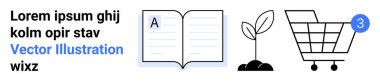 Açık sayfalı kitap, filizlenmiş bitki, tebligatlı alışveriş arabası, lorem ipsum metni. Eğitim, çevre, büyüme, e-ticaret, alışveriş, yayıncılık, web sitesi tasarımı için ideal. İniş sayfası