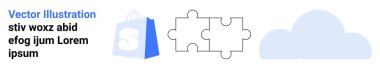S ile başlayan alışveriş torbası, iki yapboz parçası ve bulut simgesi. Ekommerce, dijital bulmacalar, bulut hizmetleri, teknoloji, çevrimiçi alışveriş çözümleri için ideal. İniş sayfası