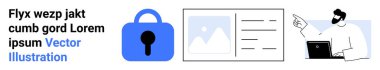 Güvenliği sembolize eden ikonu kilitle, içerik görüntüsünü metin ve resimle yapılandır, adam ekranda işaret eden bir dizüstü bilgisayar kullanıyor. Veri koruması, web geliştirme, teknoloji dersleri, çevrimiçi güvenlik ve bilişim için ideal
