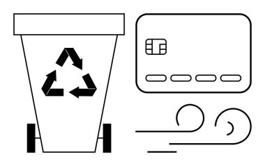 Recycling bin with recognizable recycling arrows, a card chip, and flowing lines. Ideal for financial services, sustainability, environmental impact, recycling programs, green energy, waste clipart