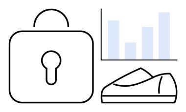 Bir bar çizelgesi ve dizüstü bilgisayarın yanında asma kilit sembolü var. Veri güvenliği, iş analitiği, siber güvenlik, teknoloji, veri koruması, finans ve çevrimiçi mahremiyet konuları için idealdir. Satır metaforu