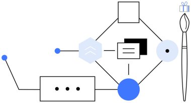 Geometrik şekiller çizgiler, boya fırçası, hediye kutusu, kartlar ve dijital elementlerle bağlantılı. Yaratıcı tasarım, proje planlaması, beyin fırtınası oturumları, eğitim amaçlı sanatsal amaçlar için ideal