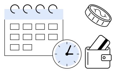 Zaman ve mali yönetimi temsil eden cüzdan içinde spiral ciltleme, saat, para, kredi kartı olan bir takvim. Bütçe, zamanlama, mali planlama, zaman yönetimi, kişisel tasarruf için ideal