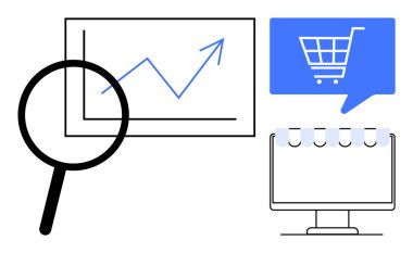 Büyüteç, yükselen bir büyüme tablosunu analiz ediyor. Alışveriş arabası simgesi mavi bir konuşma balonunda sergileniyor. İş analizi, e-ticaret gelişimi, piyasa araştırması, online alışveriş için ideal