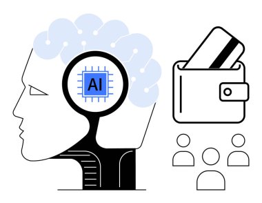 AI head with digital circuitry, wallet containing a credit card, and group of user avatars. Ideal for finance, technology, AI, digital wallets, user experience fintech innovation. Line metaphor clipart