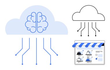 Beyin entegre bulutu yapay zekayı temsil eder. Bağlı hatlar ağ oluşturmayı ve E-ticaret için alışveriş ikonunu simgeler. Teknoloji, yapay zeka, bulut hizmetleri, e-ticaret, çevrimiçi güvenlik, dijital dönüşüm için ideal
