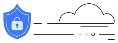 Beyaz kilidi olan mavi kalkan, soyut çizgi bulutu ve veri transferini gösteren noktalar. Siber güvenlik, bulut depolama, veri koruması, çevrimiçi güvenlik, bilişim güvenliği, gizlilik politikaları, güvenlik için ideal