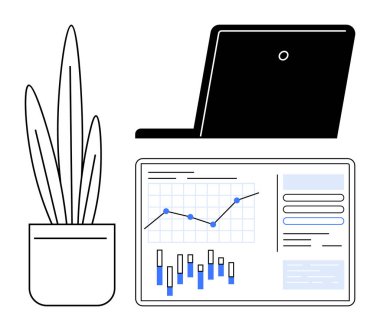 Dizüstü bilgisayar saksı bitkisinin yanında ve grafik ve grafiklerle dolu veri panelinin yanında. İş analizleri, ofis ortamı, üretkenlik, uzak çalışma, finansal analiz, çalışma alanı kurulumu için ideal