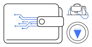 Devre desenli dijital cüzdan, iş gösteren evrak çantası ve aşağı doğru ok sembolü. Finansal teknoloji için ideal, çevrimiçi ödemeler, dijital dönüşüm, iş dünyası, e-ticaret