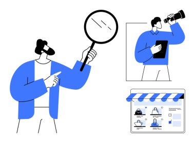 Büyüteç ve dürbünü olan iki iş adamı bir web sayfası arayüzünü inceliyor. Pazarlama, iş stratejisi, online alışveriş, dijital strateji, keşif, analiz, araştırma için ideal. Çizgi