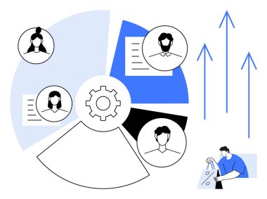 Business team represented in pie chart segments with individual profiles. Gear icon in center. Arrows indicating growth. Person fine-tuning detail. Ideal for teamwork, productivity, project clipart