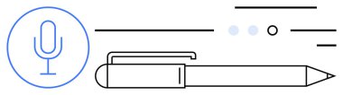 Mikrofon sembolü, yatay kalem, çizgiler, noktalar. İletişim, yazma, kayıt, notlar, sesli eğitim podcastları için ideal dijital içerik. Satır metaforu