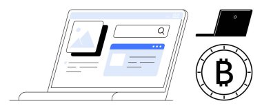 Resim ve metin ögeleriyle arama arayüzünü gösteren dizüstü bilgisayar. Yakınlarda, siyah kapalı bir dizüstü bilgisayar ve Bitcoin sembolü. Kripto para ticareti, web tasarımı, finans eğitimi, fintech uygulamaları için ideal