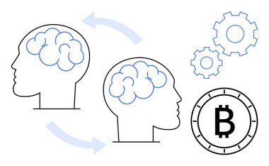 İki insan kafası transfer olduğunu gösteren oklarla fikir alışverişinde bulunuyor, Bitcoin sembolü, ve vites ayarlama. Engelleme zinciri, kripto para birimi, takım çalışması, yenilik, fintech, teknoloji, dijital ekonomi için ideal