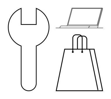Anahtar, dizüstü bilgisayar ve alışveriş çantası. Aletleri, teknolojiyi ve perakendeciyi temsil ediyor. Hizmet, onarım, teknik destek, e-ticaret, çevrimiçi ticaret perakende satış gibi konular için ideal. Satır metaforu
