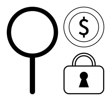 Büyüteç, daire içinde dolar işareti ve anahtar delikli asma kilit. Finans, güvenlik, mahremiyet, bankacılık, online koruma dijital güven için ideal. Satır metaforu