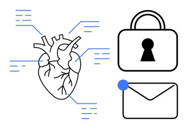 Detailed heart illustration connected to digital data lines, adjacent to a secure lock and email envelope. Ideal for healthcare, cybersecurity, data protection, medical communication, privacy clipart