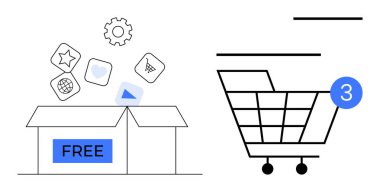 Gelişmekte olan uygulamalar için dijital simgelerle etiketlenmiş özgür kutucuğu aç. Uyarı baloncuğu ile birlikte 3 ögeyi göster. E-ticaret için ideal, ücretsiz uygulamalar, dijital pazarlama, online alışveriş arabaları, uygulama