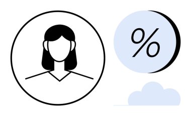 Dairesel çerçevede kadın avatar profili, yüzde işareti ve bulut. Kullanıcı profilleri, istatistikler, veri analizleri, dijital hizmetler, web tasarımı, uygulamalar, sosyal medya için ideal. Satır metaforu