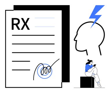 İmzalı reçete formu, yıldırımlı insan kafası baş ağrısı belirtileri, tabletten okuyan biri. Sağlık, eczane, akıl sağlığı, tıp eğitimi, sağlık ve hasta sağlığı için ideal