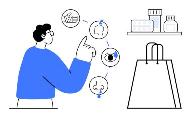 Soğuk belirtilerine işaret eden kişi baş ağrısı, göz tahrişi, ilaçlı akışkan burun ve alışveriş çantası. Sağlık, eczane, ilaç, soğuk önleme, sağlık ve alışveriş belirtileri için ideal