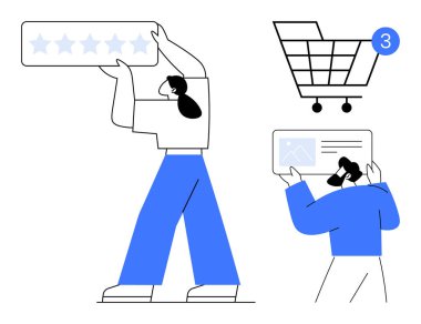 Çevrimiçi alışverişe katılan iki kişi, biri 5 yıldızlı bir eleştiri tutuyor ve diğeri de dijital tablet okuyor. Üç öğe ile birlikte alışveriş arabası bildirimi. E-ticaret için ideal, çevrimiçi değerlendirmeler, müşteri