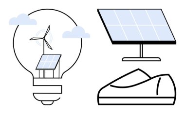 Güneş paneli ayakta, güneş paneli içinde rüzgar türbinli ampul, elektrikli araç. Yenilenebilir enerji kavramları, sürdürülebilirlik, alternatif güç kaynakları, yeşil ulaşım, temiz