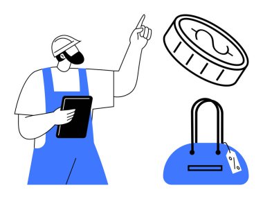Üzerinde fiyat etiketi olan el çantası yanında otururken, mavi tulumlu inşaat işçisi büyük bir madeni parayı işaret ediyor. Finans, tüketici alışkanlıkları, inşaat, ekonomi, perakende, ticaret için ideal