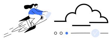 Elinde veri sembolleri olan bir buluta doğru roket süren bir kadın. Teknoloji, yenilik, hız, bulut hesaplama, veri transferi, gelecek kavramları, motivasyon için idealdir. Satır metaforu