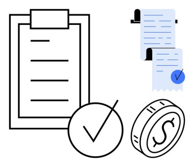 Kontrol listesi olan bir pano, işaretli bir fiş ve bozuk para sembolü. Finans, muhasebe, bütçe, iş işleri ve kayıt tutmak için ideal. Modern vektör biçimi siyah, beyaz, mavi