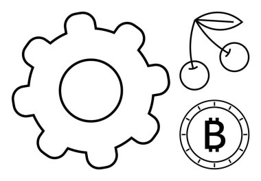 Çarklar, kirazlar ve bitcoin madeni paralar minimalist siyah hatlara bağlı. Teknoloji, finans, kripto para birimi, tarım, gıda, endüstri ve dijital dönüşüm için ideal. Satır metaforu