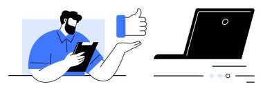 Pano sahibi bir iş adamı video görüşmesi sırasında dizüstü bilgisayara onay veriyor. Uzaktan çalışma, dijital iletişim, çevrimiçi toplantılar, profesyonel onay, takım işbirliği, sanal