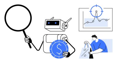 Robot, iş grafiği ve alışveriş torbalarıyla birlikte büyüteç ve para tutuyor. Finans, pazarlama, veri analizi, otomasyon, yapay zeka, perakende teknoloji eğitimi için ideal. Çizgi