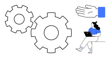 Dizüstü bilgisayarı olan bir kadın, büyük dişliler ve yükseltilmiş bir el hareketi. Çalışma verimliliği, takım çalışması, üretkenlik, teknoloji, yaratıcılık, yenilik ve işbirliği için ideal. Satır metaforu